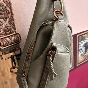Antik Kraft Sage Green Leather Crossbody Sling Bag with Patterned Strap